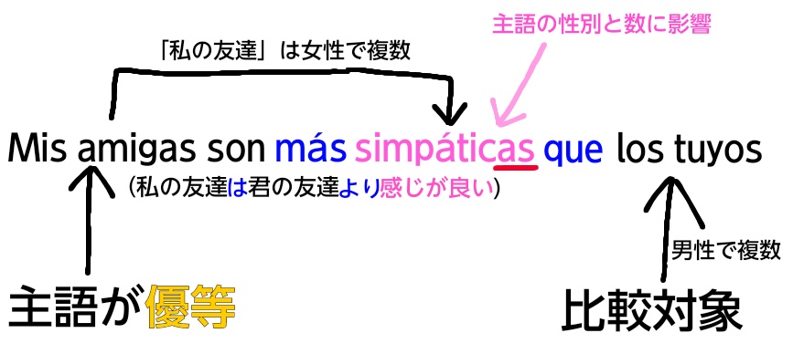 スペイン語の優等比較(形容詞)の複数例文の解説図